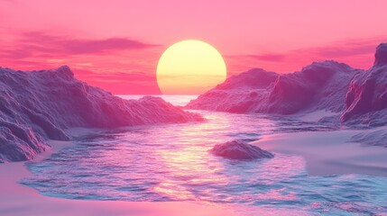 Sunset over the ocean with mountains and beach, fantasy landscape background, pink tones evoking a