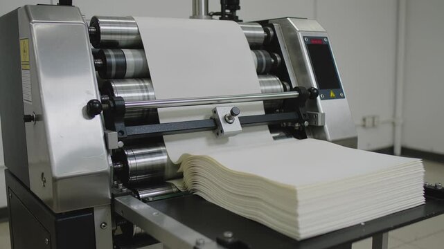 Industrial machine efficiently processes sheet paper rolls, folding each piece into a neat stack. Paper production workflow