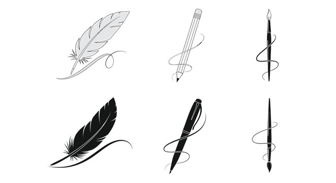 A collection of writing implements feather quills ballpoint pens and calligraphy nibs displayed in monochrome