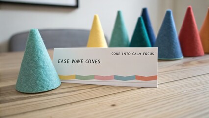 Colorful wool cones and calming branding on a wooden table inviting tranquility and focus through creativity and design