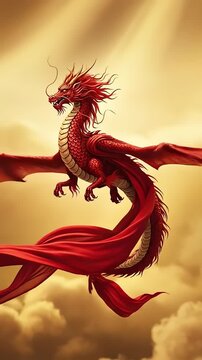 red dragon flying in golden sky.