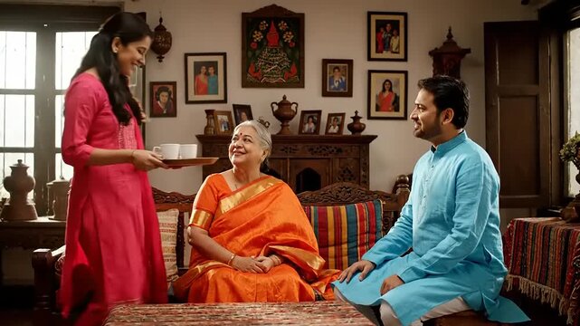 Elderly Indian woman in traditional saree receiving a bowl of food from a younger woman while a man smiles, indoor family scene