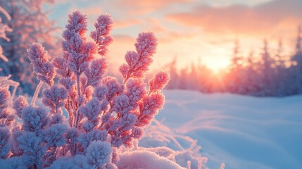 Winter's Embrace: A Frosty Plant Radiates Soft Light Against a Snowy Landscape