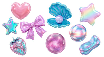 Holographic & Iridescent Objects: Heart, Stars, Bow, Shell, Pearl, Strawberry, Bubbles