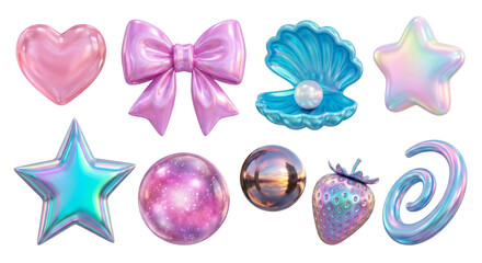 Holographic Kawaii Charms: Heart, Bow, Star, Seashell, Strawberry, Galaxy Ball