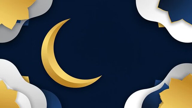 Elegant dark blue abstract background illustration featuring a radiant golden crescent moon and sophisticated paper-cut style decorative elements, ideal for festive, spiritual, or celebratory designs