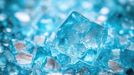 A captivating macro photograph showcasing a cluster of translucent ice cubes with blue hues and