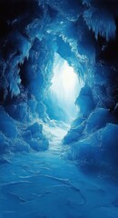 Obraz premium Inside a glowing icy cave with blue-toned frozen walls, icicles hanging from the ceiling, and a bright light illuminating the cave entrance, evoking a cold and mysterious atmosphere