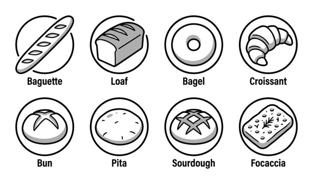Illustration of common bread types: baguette, loaf, bagel, croissant, bun, pita, sourdough and focaccia.