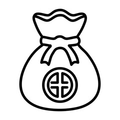 Outline drawing of a money bag with a circular emblem on a white background