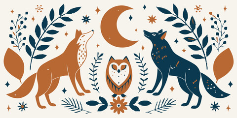 Whimsical forest scene with wolf, owl, and crescent moon at night