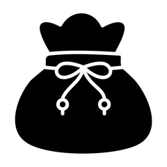 Black Silhouette of a Drawstring Pouch with a Bow Tie and Tassels Isolated on a White Background