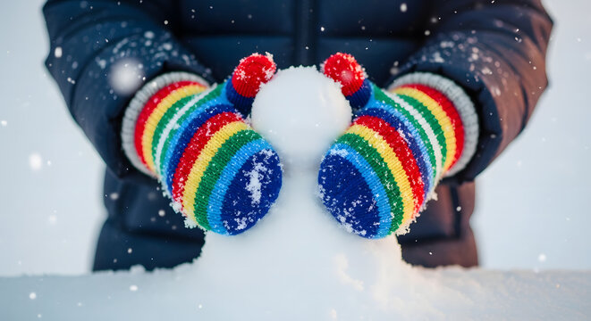 Hands in rainbow striped mittens forming heart with snowball.