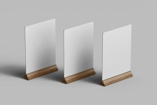 three array blank table tent menu card display holder tabletop a5 paper size with wooden base mockup design template 3d render isolated