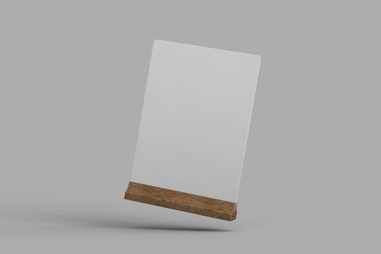 floating blank table tent menu promotion display holder acrylic in a5 paper size with wooden base mockup design template 3d render isolated