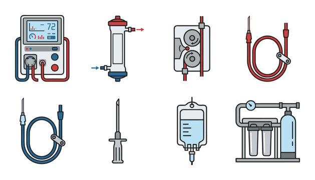 Medical hemodialysis system, blood filtration machine, and accessories for kidney treatment, in vector format.