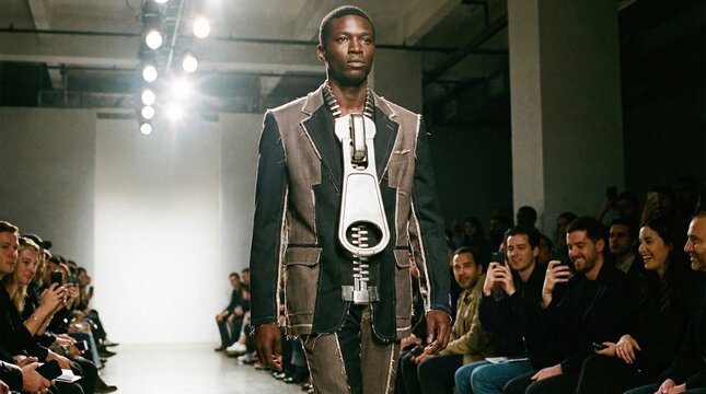 Man walks on runway wearing a tie and unique fashion design during a fashion show event at an urban location in the evening