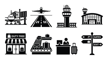 Fototapeta premium Set of airport related vector icons, including airplane, terminal, duty free shop, and baggage claim symbols.