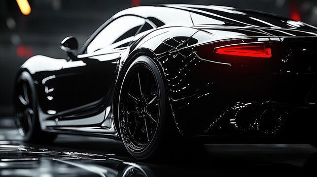 glossy black sports car rear three-quarter view in a dark reflective garage with glowing red taillight, sleek aerodynamic curves and dramatic moody lighting conveying power and speed