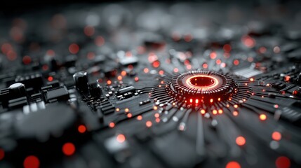 Close-up View of a Futuristic Glowing Microchip with Red Digital Energy Flowing Through Circuits