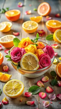Delicate citrus slices and rose petals blend in a vibrant floral arrangement