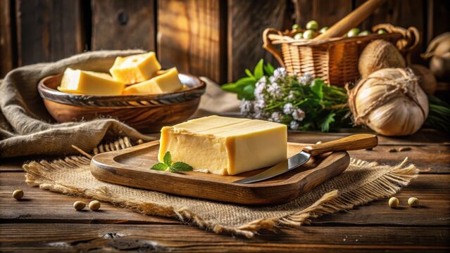 A pat of golden goodness nestled in a rustic haven