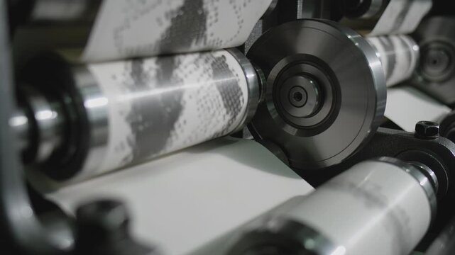 Industrial paper feeder system with metal rollers printing dot patterns on white paper in a manufacturing facility