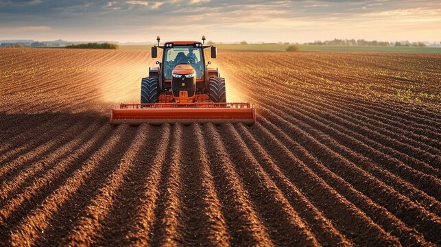 sunlit tractor plowing a vast field, creating neat furrows and a trail of dust at golden hour, evoking calm productivity