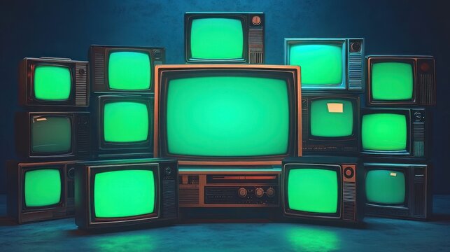 stack of vintage crt televisions with glowing green screens in a dark room evoking a mysterious nostalgic and eerie atmosphere