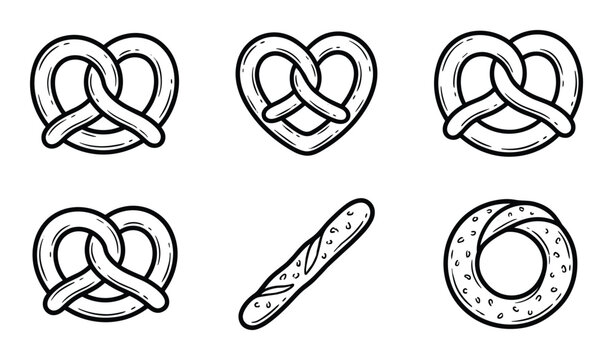 Set of pretzel illustrations. Vector line art outlines. Variety of bread and baked goods illustrations.