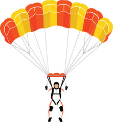 Skydiver descending with an open orange and yellow parachute isolated on white background for extreme sports adventure and outdoor recreation concepts. © MdEmdadul