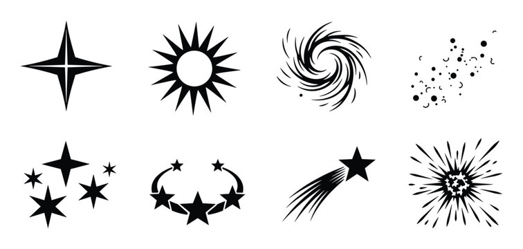 Space theme design elements starbursts, constellations, spirals, and star trails in black.