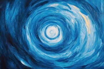 textured blue spiral painting with a white central swirl, layered energetic brushstrokes and a pale yellow accent evoking hypnotic motion and calm intensity