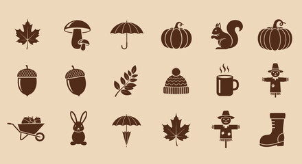 A collection of autumn themed icons including leaves pumpkins mushrooms and woodland creatures depicted in brown © Shakil