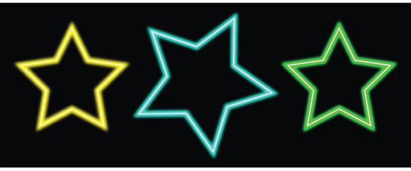 Three bright neon stars in yellow, cyan, and green glow vibrantly against a dark background, representing success, awards, and achievements.