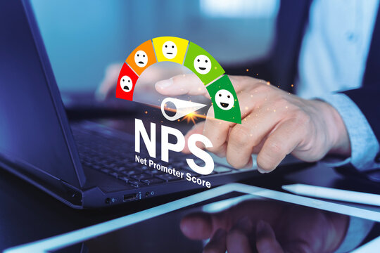 NPS Net Promoter Score Customer Satisfaction Gauge on Laptop for Service Feedback