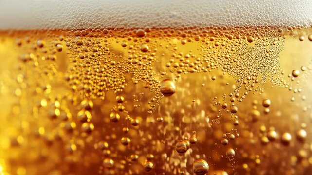 Cold fizzy beer with bubbles and foam closeup
