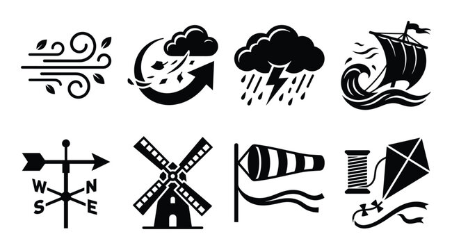 Weather related vectors featuring wind, storm, rain, sailing, wind vane, windmill, windsock, and a kite design.