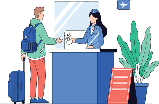 Passenger with backpack and suitcase at airport check-in desk receiving boarding pass from airline staff, travel departure concept vector illustration isolated on white background.