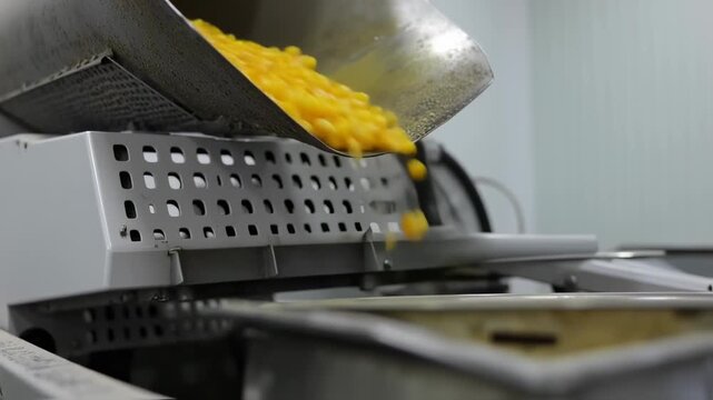 Yellow food product being dispensed from a metal hopper into a machine