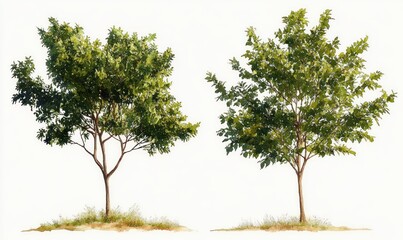 two leafy deciduous trees with slender trunks standing on small grassy mounds against a clean white background, calm and serene