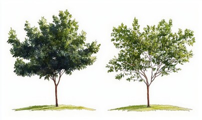 Two leafy deciduous trees standing on small grassy mounds with slender trunks and delicate branches, peaceful serene botanical watercolor illustration on white background
