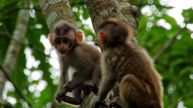 Two young monkeys clinging to a tree branch in a lush forest