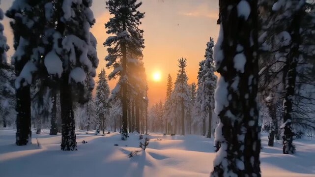 Snowy forest path with trees at sunlight
