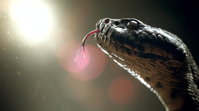 Snake strikes with forked tongue in dramatic backlight
