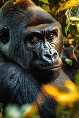 Obraz premium Close-up of a thoughtful gorilla surrounded by green foliage with soft golden sunlight illuminating its face and fur