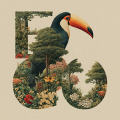 Obraz premium A surreal illustration featuring a toucan nestled within a typographic composition of numbers and letters, filled with tropical forest and flowering plants. 