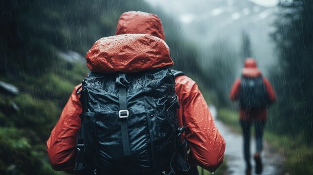 Two hikers in red rain jackets and black wet backpacks walking a misty mountain forest trail in pouring rain, determined and resilient