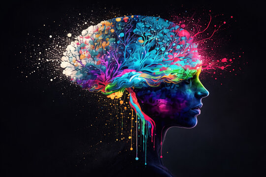 AI generated futuristic side profile with colorful abstract brain paint splash symbolizing creativity innovation intelligence imagination and mental energy on dark background