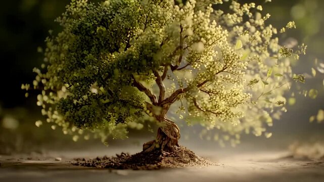 A serene tree with lush green leaves standing alone in a tranquil natural environment, viewed from a moderate distance with soft lighting.